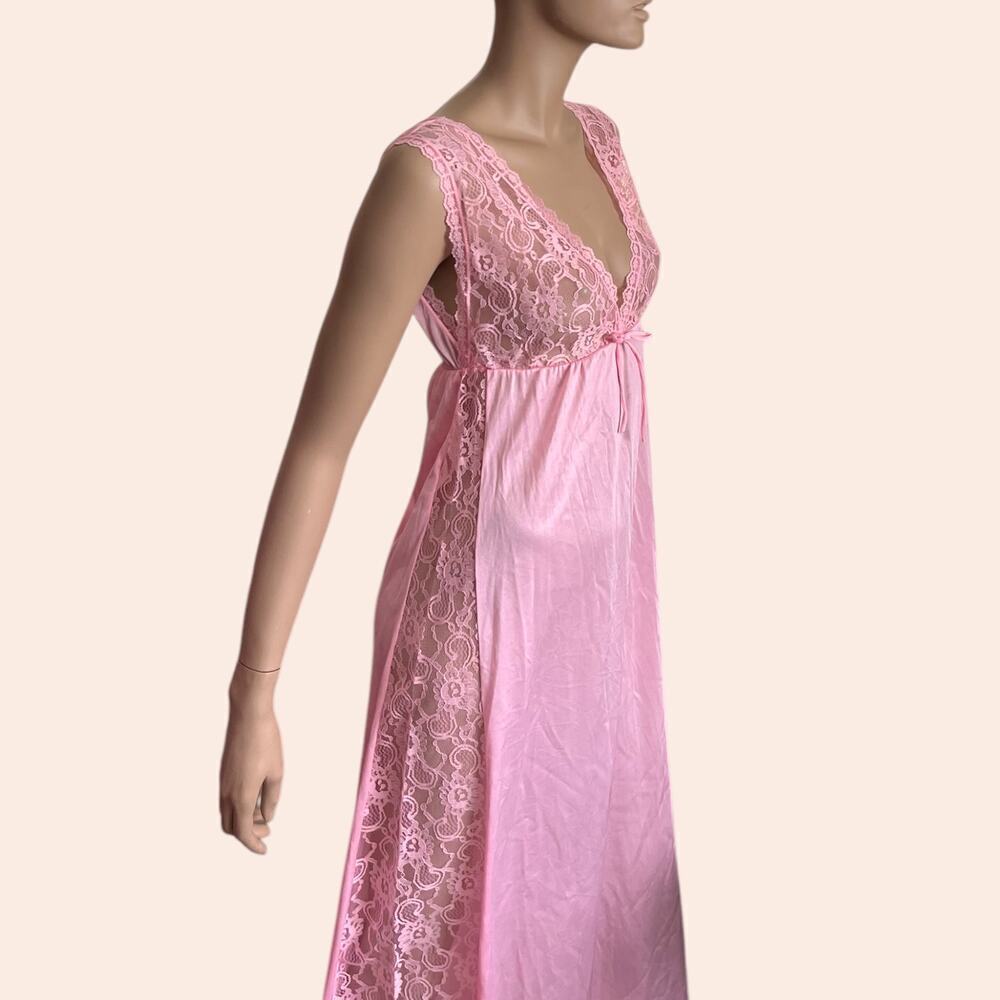 Vintage Pink Nightgown Peekaboo Lace Maxi Lingerie Babydoll Deep V Full Length - Picture 5 of 10